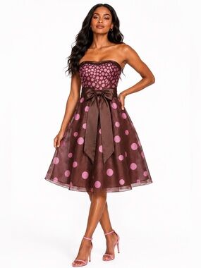 KAY UNGER Strapless Brown & Pink Polka Dot Organza Cocktail Dress 4